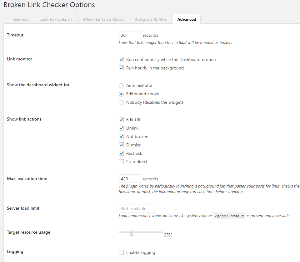 Broken Link Checker Advanced Settings