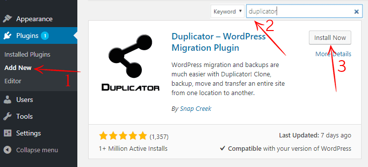 Duplicator Plugin Install