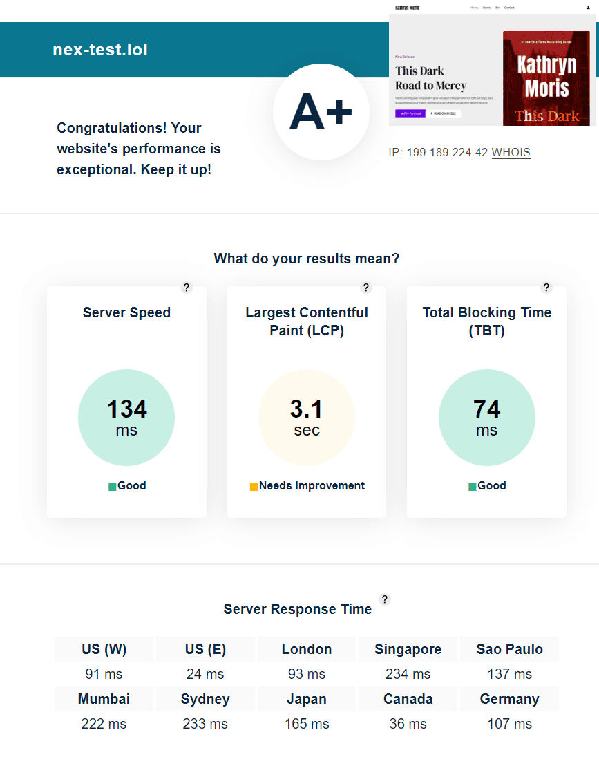 Nexcess Speed Test Result on Bitcatcha