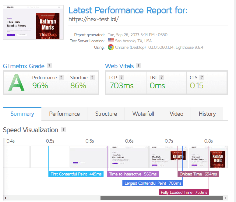 Nexcess Speed Test Result on GTmetrix